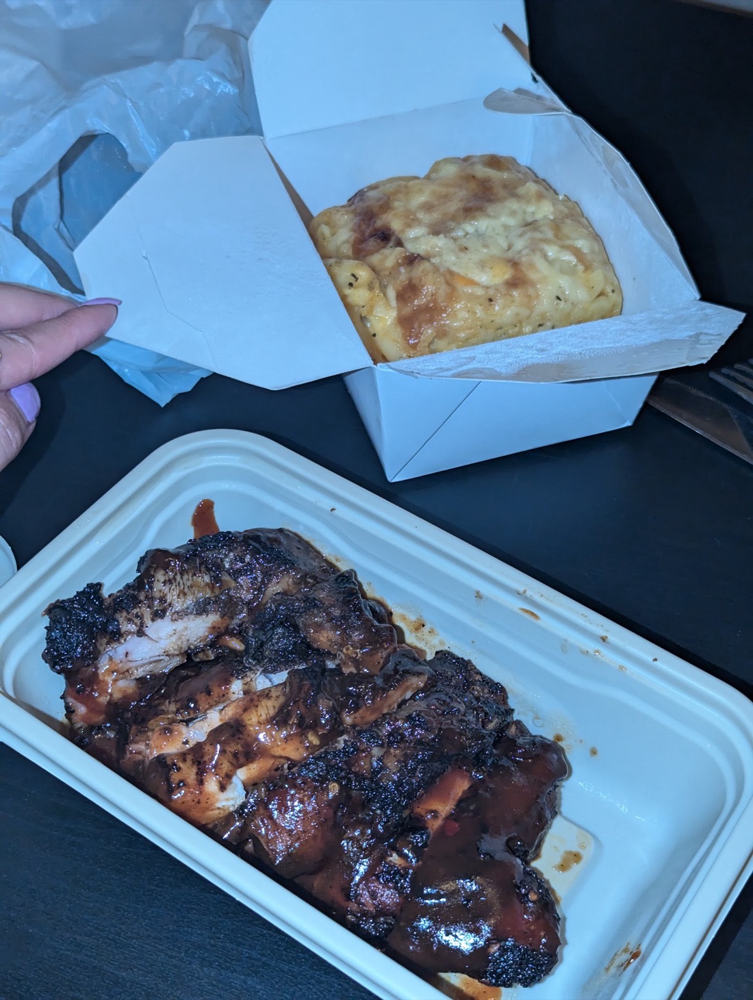 BBQ jerk chicken with a side of mac and cheese